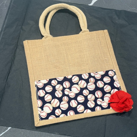 Chic Baseball Print Tote with Red Flower Accent - Picture 1 of 1